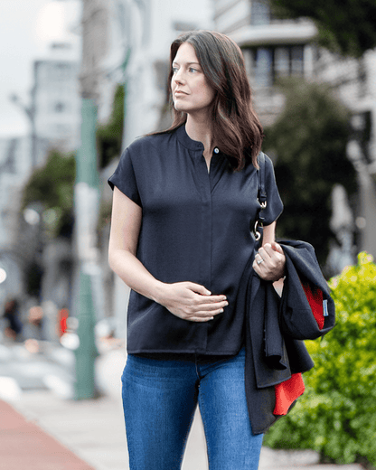 Short Sleeve Satin Maternity Shell Top with Concealed Nursing Zip