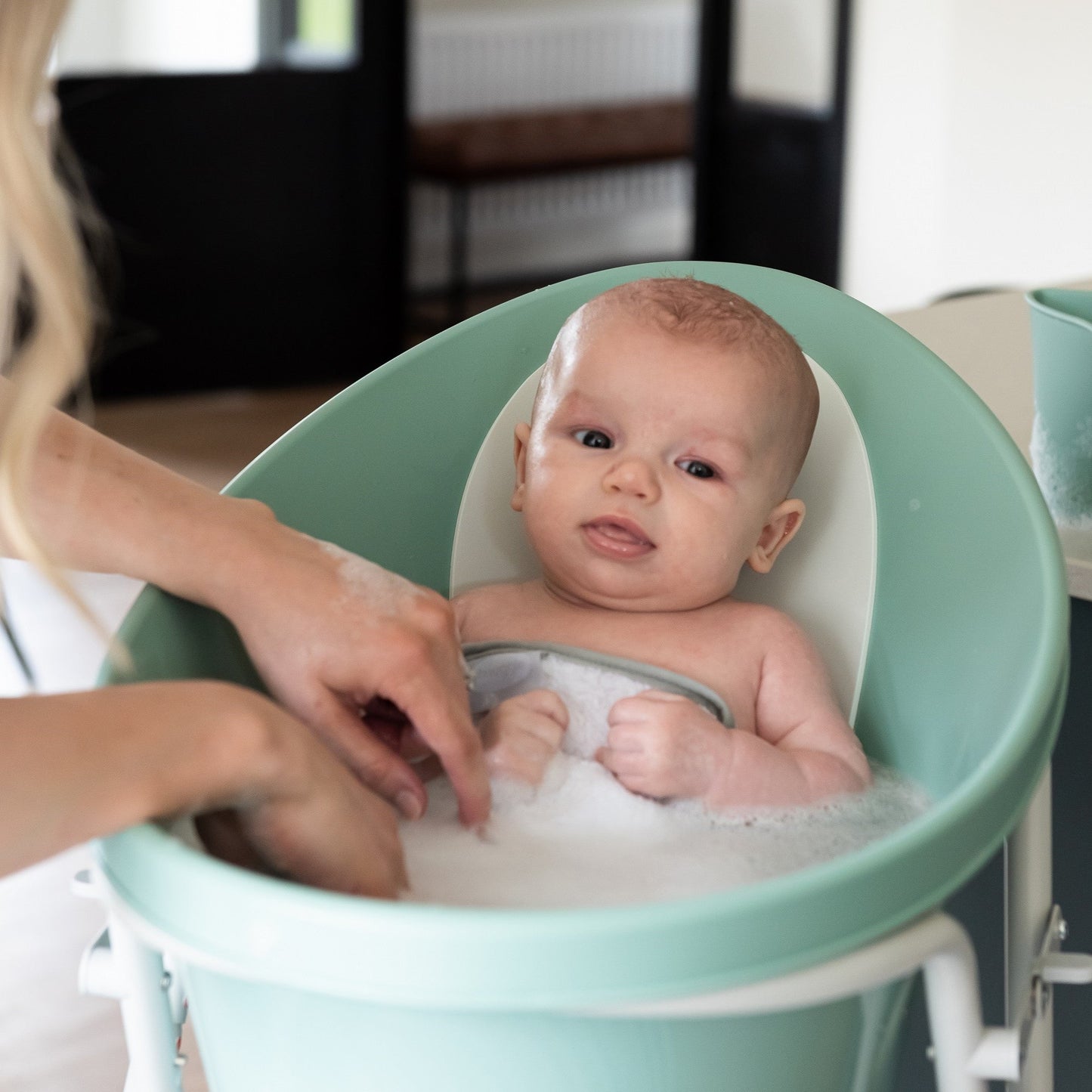Baby Bathtime Essentials Bundle | Newborn Baby Bath with Support, Rinse Jug, and Ellie Bath Toy Scoop - Taupe
