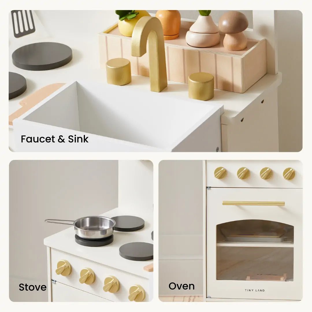 Tiny Land® Wooden Play Kitchen for Toddlers - Honey Kitchenette Pretend Cooking Set