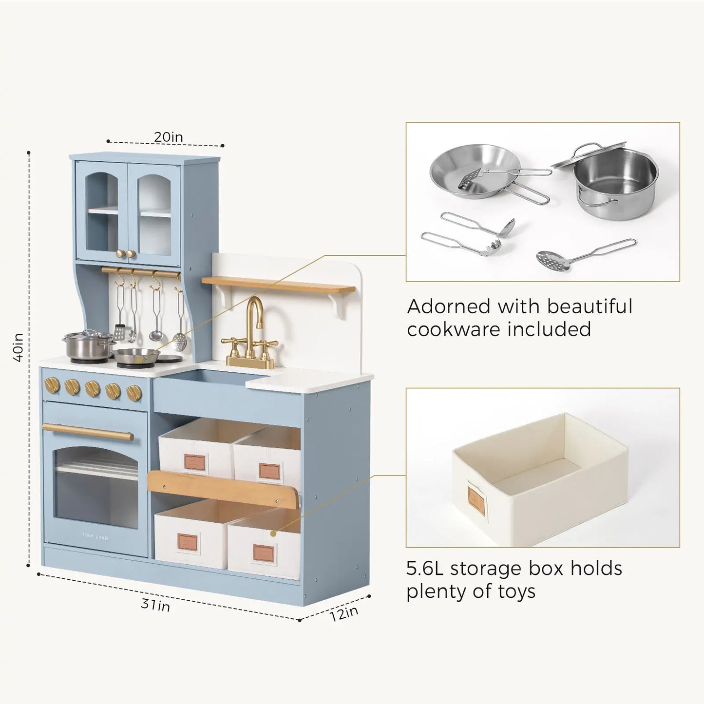 Tiny Land® Pretend Play Kitchen for Kids - Serenity Wooden Kitchen – Blue
