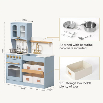 Tiny Land® Pretend Play Kitchen for Kids - Serenity Wooden Kitchen – Blue